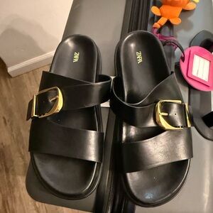Zara Black Slides with Gold Accents